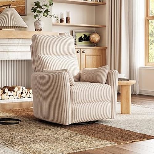 LINSY 220° Swivel Electric Power Recliner Chair, Corduroy Nursing Rocker with USB & Type-C, High Back Adult Comfort Chair with 2 Pillows, Space-Saving for Nursery, Bedroom, Living Room, Beige