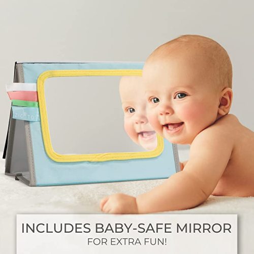 Stimulating Tummy Time Book with Large Baby Safe Mirror - Fun High Contrast Montessori Toy w/ Mirror, Soft Crinkle Paper & Silicone Teether - The Perfect Toy For Safe Early Newborn/Infant Development