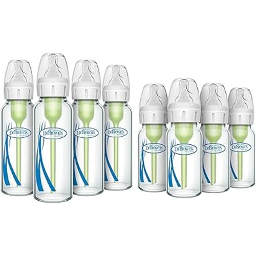 Dr. Brown’s Anti-Colic Narrow Glass Baby Bottles 8 oz 4-Pack + 4 oz 4-Pack with Level 1 Slow Flow Nipples Bundle, BPA Free, 0m+, Clinically Proven to Reduce Colic and Aid Digestion