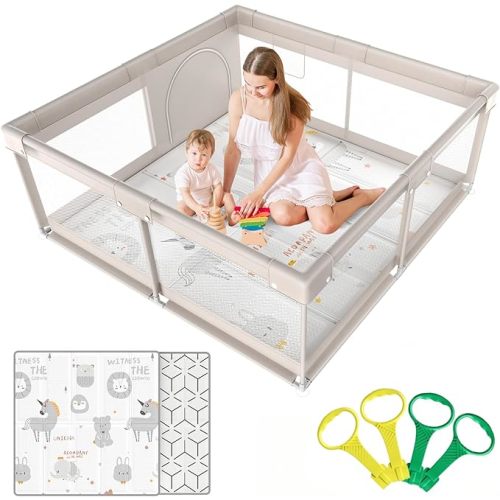 ZEEBABA Baby Playpen with Mat - 59x59in Extra Large Play Pen for Babies & Toddlers, 360° Full Vision Design Play Yard, Baby Fence Indoor, Kids Safe Activity Center (59x59x27inch)