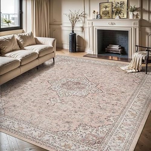 5x7 Area Rugs for Living Room Machine Washable Non Slip Soft Rug Vintage Distressed Floral Rugs Decorative Large Indoor Carpet Rug for Bedroom Playroom Dining Room Office, Pink