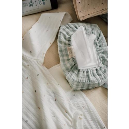Baby Wipes Cover – Universal Size, One Size Fits All Wipes Packages | Muslin Cotton Tissue Cover for Nursery, Diaper Bag & Changing Table, Station | Gingham & Neutral Patterns (Light Mint Gingham)