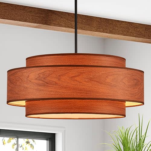 23.6" Large Modern Drum Chandelier, 6-Light Drum Light Fixture with Linen Fabric Shade, 3-Tier Adjustable Height Farmhouse Chandeliers for Dining Room, Kitchen Island, Living Room, Bedroom