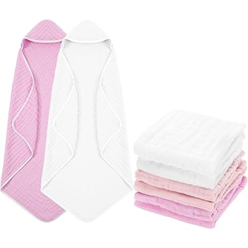 Peryiter 8 Pack Muslin Hooded Baby Bath Towels and Wash Cloth Set Soft Cotton Gauze Baby Hooded Bath Towel Wipes Absorbent Bath Face Towels Burp Cloths Face Towels for Girl Boy(Pink Series)