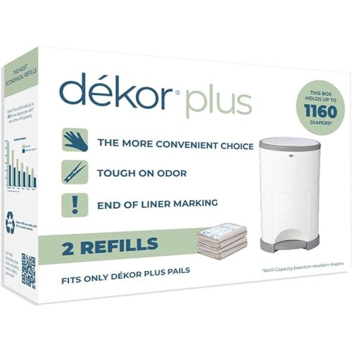Diaper Dekor Plus Diaper Pail Refills | 2 Count | Most Economical Refill System | Quick & Easy to Replace | No Preset Bag Size Use Only What You Need | Exclusive End-of-Liner Marking - 2 Count (Pack of 1)