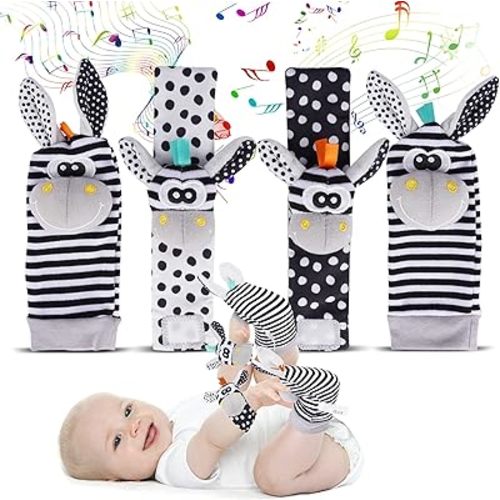 Baby Rattle Socks Wrist Strap Rattles Set, Cute Baby Animal Development Toy Gift for Newborn Babies, Black and White Foot Finder Sensory Set…