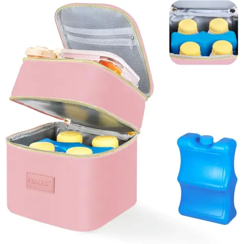 PIIOSER Insulated Baby Bottle Tote Bags with Ice Pack, Fits 4 Baby Bottles Up to 5 Ounce, Portable Breastmilk Cooler Travel Bag with Buckle for Nursing & Working Mom Daycare(Pink-XS)