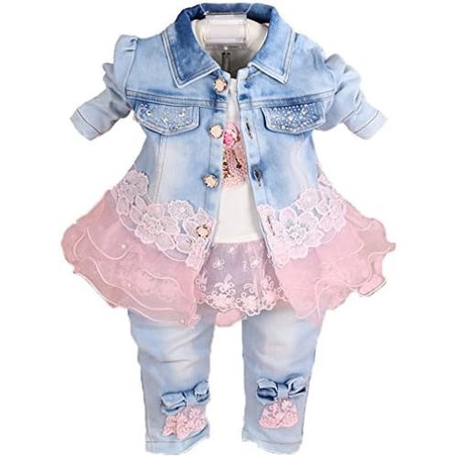 Yao Baby Girls Denim Clothing Sets 3 Pieces Sets T Shirt Denim Jacket and Jeans