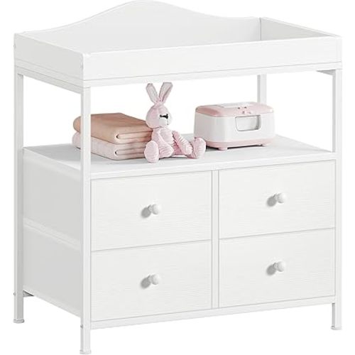 BOLUO White Changing Table Dresser with Drawers Fabric, Baby Dresser with Changing Table Top Diaper Changing Station with Storage Shelf for Nursery Modern