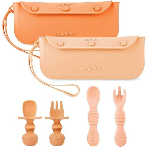PandaEar 4 Pack Silicone Baby Spoons & Forks with 2 Pack Baby Cutlery Holder Bags, Baby Feeding Set Self Feeding Utensils & Reusable Portable Flatware Box Tableware Organizer Storage Case