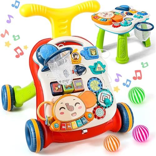 TOY Life 3 in 1 Baby Push Walker and Activity Center, Sit to Stand Walker for Babies 6-12 Months, Baby Walking Toys with Music Panel for Girls Boys, Toddlers Push Toys Gifts for Learning to Walk Red