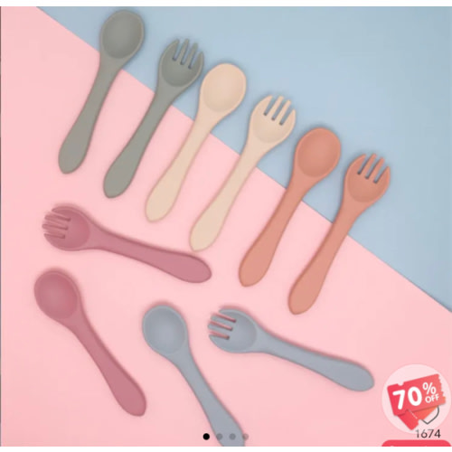 Food Grade Silicone Self-Feeding Spoon Fork Baby Toddler Utensils Training Utensils Set for Self-Training