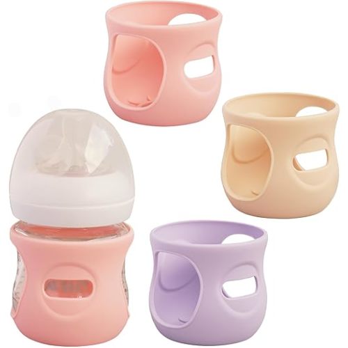 3 Pack Silicone Sleeves for Avent Natural Glass Baby Bottles, Anti Breakage Baby Bottle Holder, Compatible with Philips Avent Glass Natural Baby Bottle (Cute Pink+Light Purple+Beige, 4 OZ)