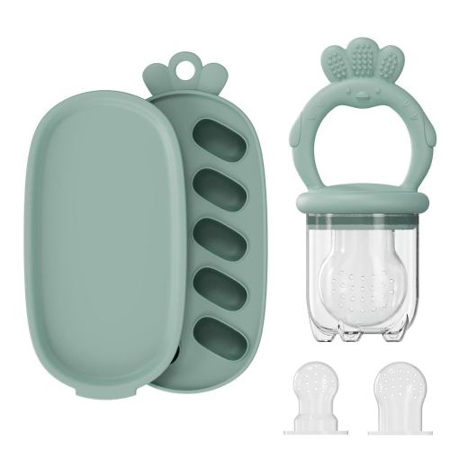 Baby Fruit Feeder with Freezer Tray Silicone Baby Teethers Food Feeder Freezer Popsicle Molds for Teething Relief (Green)