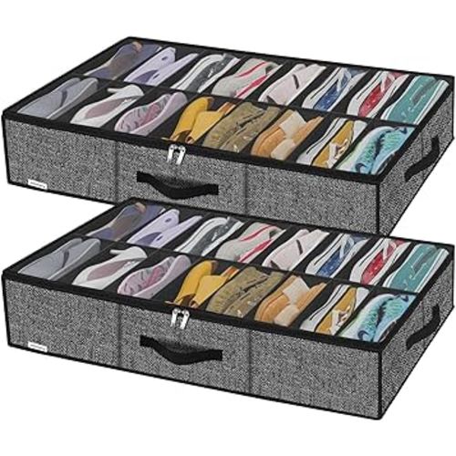 Onlyeasy Sturdy Under Bed Shoe Storage Solution Organizer For Closet Fit 16x2 Pairs, Underbed Shoes Container Bags with Reinforced Handles, Breathable, Linen-like Black, MXAUBS16P2