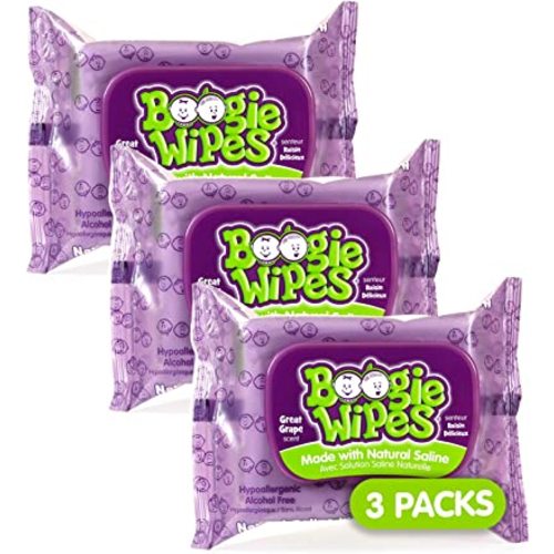 Saline Nose Wipes by Boogie, for Baby & Kids, Face, Hand & Body, FSA/HSA Eligible, Made with Vitamin E, Aloe, and Natural Saline, Grape Scent, 30 Count (Pack of 3)