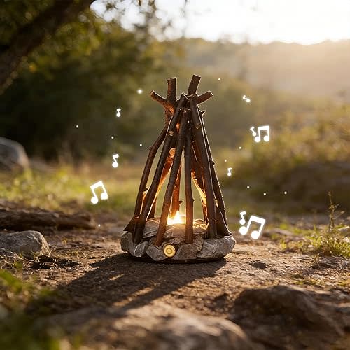 Fake Campfire Light Battery, Tiny Campfire LED Woodland Tabletop Nightlight, Miniature Flicker Camp Fire Bedside Lamp Faux, Camping Theme Decoration for Kids Bedroom, Shelf, 6" W x 9.65" H