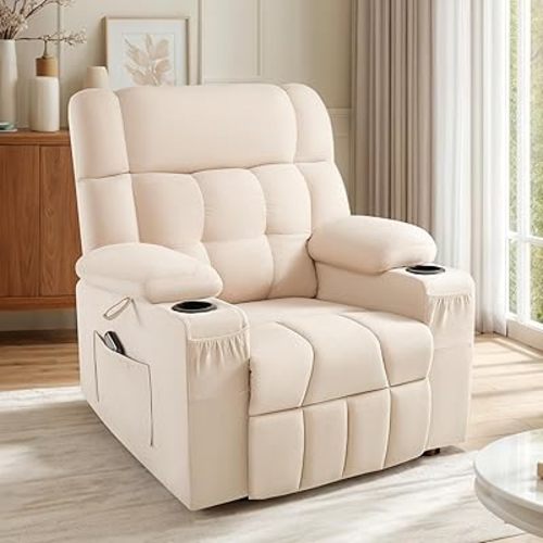 Jocisland Oversize Swivel Rocking Recliner Chair for Adults, Lazy Boy Manual Glider Rocker Reclining with Cupholder & Side Pocket for Living Room Bedroom Nursery, Linen Beige