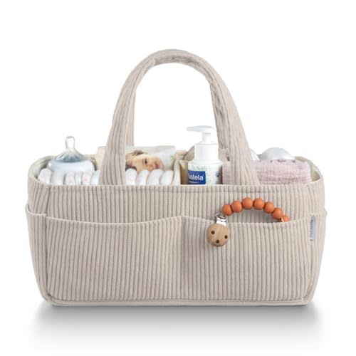 PUTSKA Baby Diaper Caddy Organizer for Changing Table – Stylish Nursery Storage Basket, Newborn Essentials, Baby Shower Gifts and Registry Must-Haves for Boy or Girl, Car Diaper Caddy, Corduroy Cream