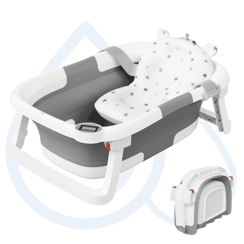 Aprpink Foldable Baby Bathtub PP+TPE with Soft Cushion&Thermometer for 0-36 Months Toddler Gray