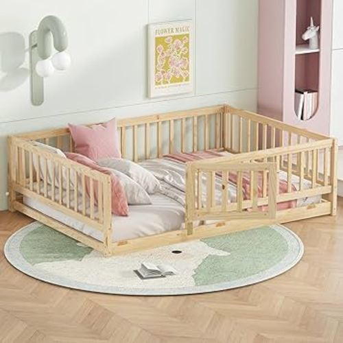 Bellemave Full Size Kids Montessori Floor Bed with Door,Solid Wood Floor Bed Frame with Slats and High Fence for Kids,Girls,Boys,Natural