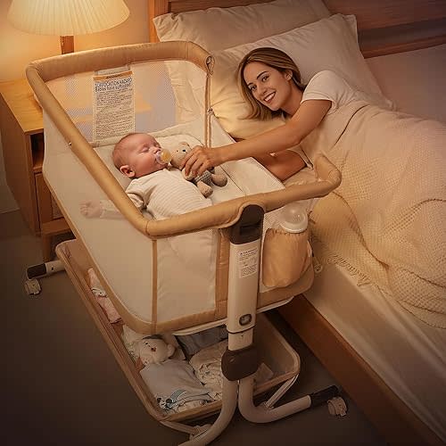 Baby Bassinet Bedside Sleeper, Upgraded Stability Bedside Crib with Full Mesh Sides, Soft Sheet, 6-Height Adjustment, Storage Basket, Easy Folding Portable Bassinet for Newborns, Oatmeal