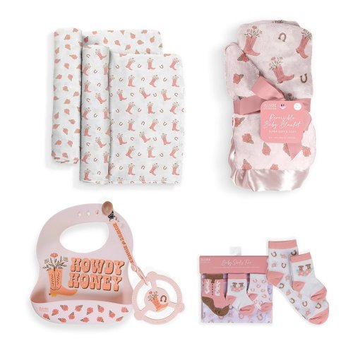 JuJuBe Everyday Essentials Bllomin Boot Swaddle Blankets, Reversible Blanket, Socks, Bib, & Teether Ring, Baby Set