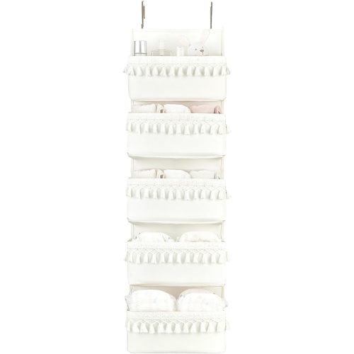 Dahey Over The Door Organizer Boho Nursery Storage Decor Closet Hanging Organizer with Tassels Decoration for Bedroom Nursery Bathroom Apartments Dorm Pantry, 5 Pockets, White