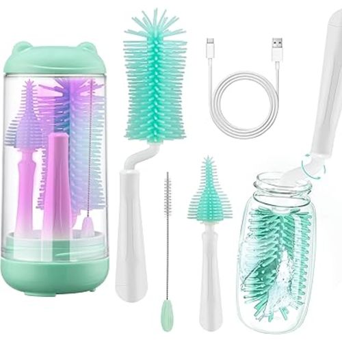 Silicone Baby Bottle Brush Cleaner Set, Travel Nipple Brushes Cleaning Kit, UV 360° Rotating Bottle Washing Tools Including Nipple and Straw Cleaner, Storage Box for Home Travel Gift