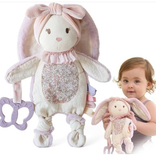 Moonkie Baby Lovey with Silicone Teether, Bunny Security Blanket with Textured Ribbons, Crinkle Toys, Soft Minky Velour & Natural Cotton, Newborn Girl Gift for Baby Shower or Birthday