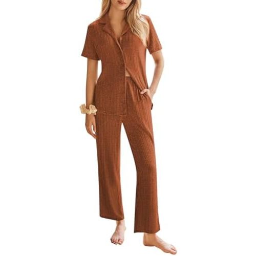 Ekouaer Womens Rib Knit Pajamas Button Up Lounge Sets Short Sleeve Top and Long Pants Matching Pjs Sleepwear Loungewear