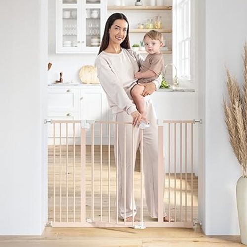 Comfy Cubs Baby Safety Gate with 3 Extensions - Adjustable 42" x 1.9" x 30" Q195 Steel Doorway Barrier - Powder-Coated Finish for Stairs and Doorways - Walk-Through Design Pet Gate - Blush