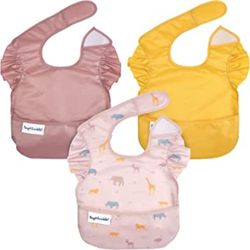 Tiny Twinkle Mess-Proof Baby Bib - Waterproof Bib for Baby Boy or Girl - Machine Washable - Adjustable Closure - PVC BPA & Phthalate Free - Great for Travel - Baby Food Bibs (3 Pack, Petite Safari)