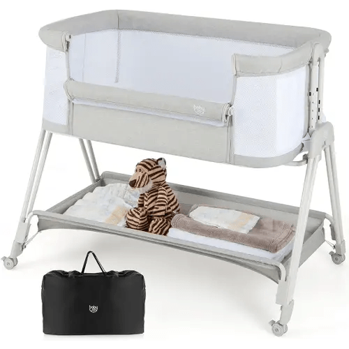 BABY JOY Bassinet Bedside Sleeper, Easy Folding Baby Crib w/All-Side Mesh, Storage Shelf, 7 Adjustable Heights, Mattress & Travel Bag for Safe Co-Sleeping, Portable Baby Bed for Newborn Infant -Gray
