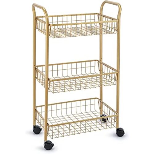3 Tier Rolling Utility Cart, Storage Trolley Service Cart with Wheels Easy Assembly for Kitchen, Living Room, Office, Salon, Gold