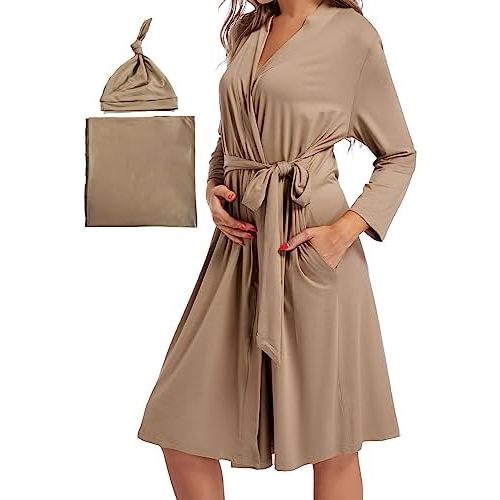 SUFEINI Maternity Mommy Robes with Matching Swaddle Blanket Set, Maternity Mommy Postpartum Bathrobe Sleepwear