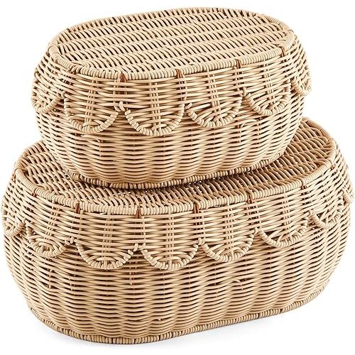 Juexica 2 Pcs Scalloped Rattan Baskets, Woven Rattan Wicker Storage Baskets with Lid for Nursery Storage diaper organizer Bathroom Decor(Natural)