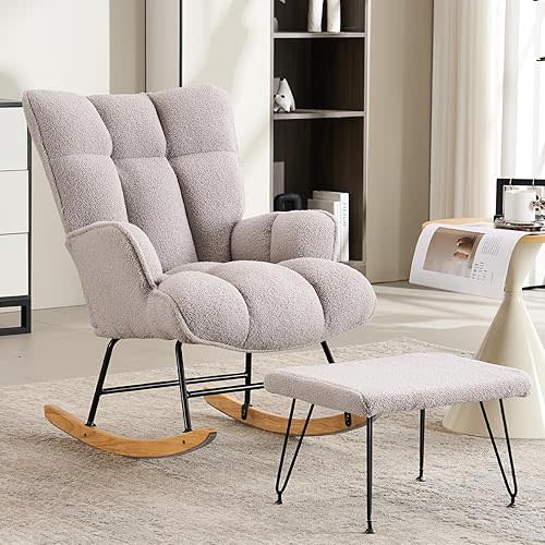Rocking Chair Nursery, Teddy Upholstered Glider Rocker with High Backrest, Reading Chair Modern Rocking Accent Chairs,Glider Chair with Ottoman for Bedroom, Nursing, Living Room (Grey)