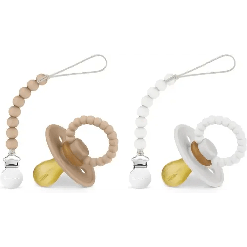 Luladream Pacifier and Clip Set - Natural Rubber Nipple - Soft Teething Handle - for Infants Baby's and Toddlers, 0-18 Months (Camel + Cream + Clips)