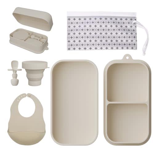 Travel Silicone Baby Feeding Set Portable Toddler Feeding Supplies Toddler Plates and Bowls Set Baby plates with Suction With spoon and cup, bib and waterproof storage bag