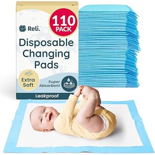 Reli. Disposable Changing Pads for Baby (110 Pack) | Disposable Diaper Changing Pads, 13" x 18" | Super Absorbent, Leak-Proof Liners | Waterproof, Quick Dry Underpads (Blue/White)