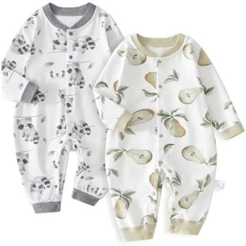 100% Organic Cotton Soft Baby Romper Jumpsuits Set for Boys and Girls Unisex, Long Sleeve, 0-24 Months