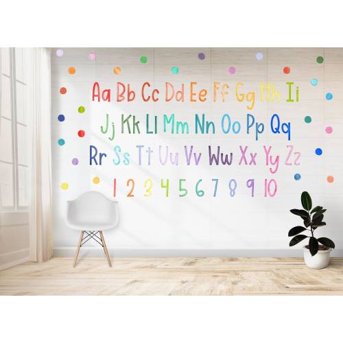 Watercolor Rainbow Alphabet Wall Decal Set Upper Case Lower Case Numbers Rainbow Dots