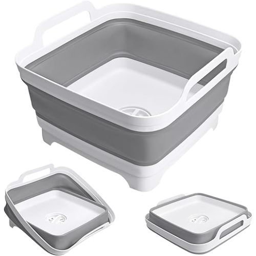 Collapsible Wash Basin with Drain Plug, 2.4 Gallon (9L) Collapsible Dish Basin, Portable Bottle Washing Basin for Baby Bottles, Vegetable Washing, RV Camping