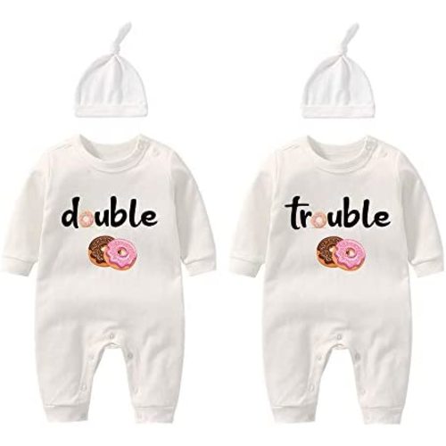 YSCULBUTOL Baby Twins Bodysuits Funny Double Trouble Cute Girl Romper Twin Jumpsuits Hat Set