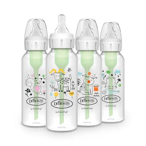Dr. Brown's Natural Flow Anti-Colic Options+ Narrow Baby Bottle, 8 oz/250 mL, with Level 1 Slow Flow Nipple, BPA free, 0m+, Squirrel, Goat, Pig, Frog, 4-Pack
