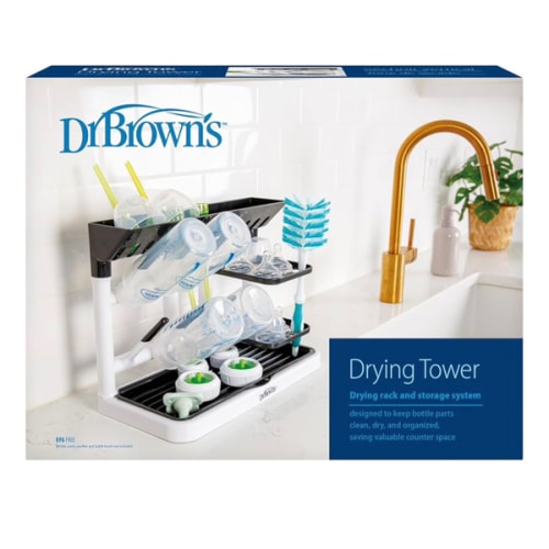 Dr. Brown's Drying Tower, Stand-Up Drying Rack, Countertop Baby Bottle Drying with Organized Storage for Baby Essentials, Space Saving Vertical Rack