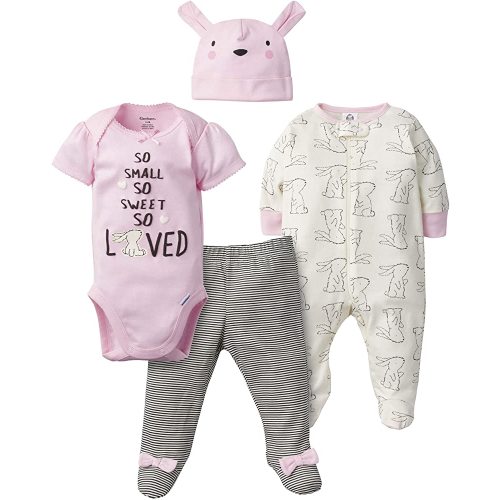 Gerber Baby Girls' 4-Piece Sleep 'N Play, Onesies, Pant and Cap