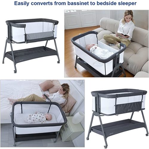 ANGELBLISS Baby Bassinet Bedside Crib with Storage Basket and Wheels, Easy Folding Bed Side Sleeper Adjustable Height Portable Crib for Newborn - Grey