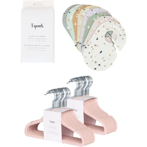 3 Sprouts Closet Dividers & Hangers Bundle - 8 Baby Size Dividers (Terrazzo) and 30 Velvet Hangers for Baby Clothes (Pink)